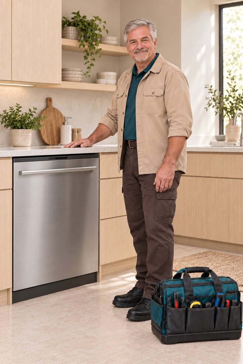 Loon Appliance Repair technician beside a stainless dishwasher in an Edina kitchen