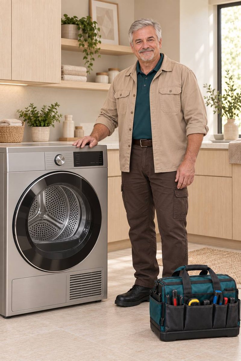Loon Appliance Repair technician beside a front-load dryer in a Chanhassen laundry room