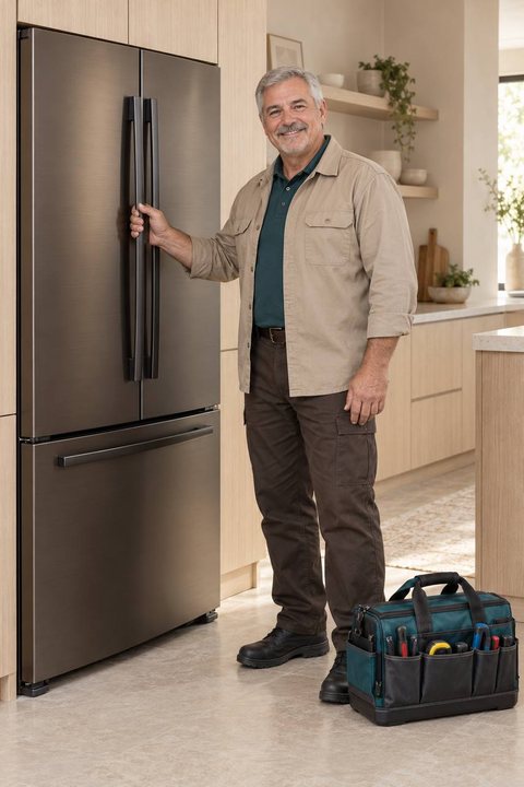 Loon Appliance Repair technician at a French-door refrigerator in an Eden Prairie kitchen
