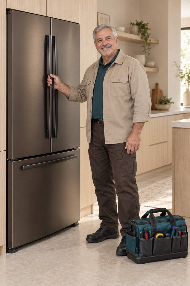 Loon Appliance Repair technician at a French-door refrigerator in an Eden Prairie kitchen