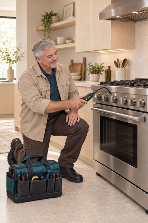 Loon Appliance Repair technician checking a gas range with a leak detector in a Minnetonka kitchen