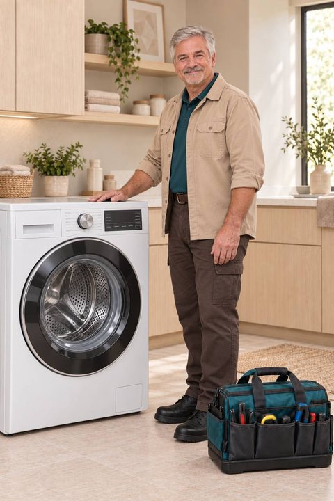 Loon Appliance Repair technician beside a front-load washer in a Bloomington laundry room